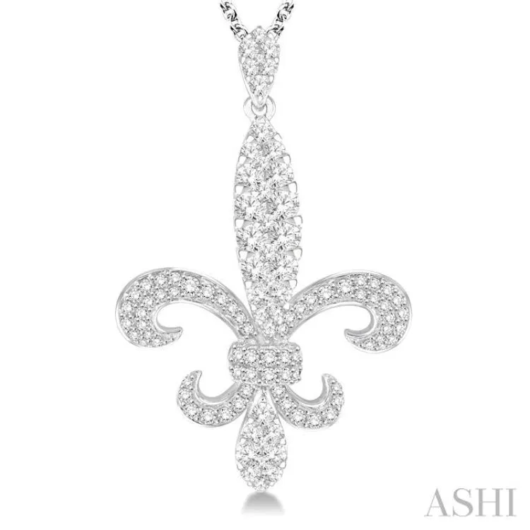 1 3/4 Ctw Round Cut Diamond Fleur De Lis Pendant in 14K White Gold with Chain