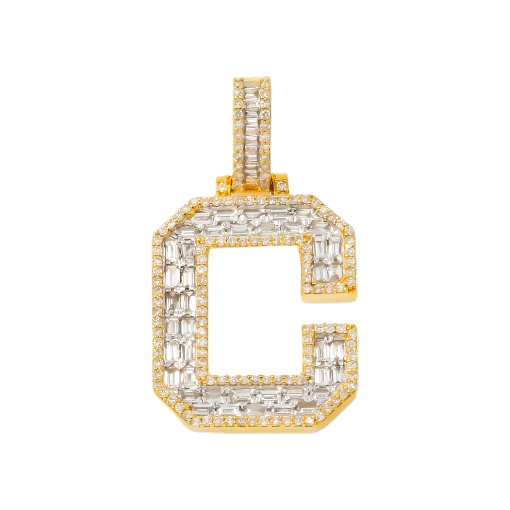 10K GOLD BAGUTTE AND ROUND DIAMOND INITIAL LETTER C PENDANT 1.52 CT