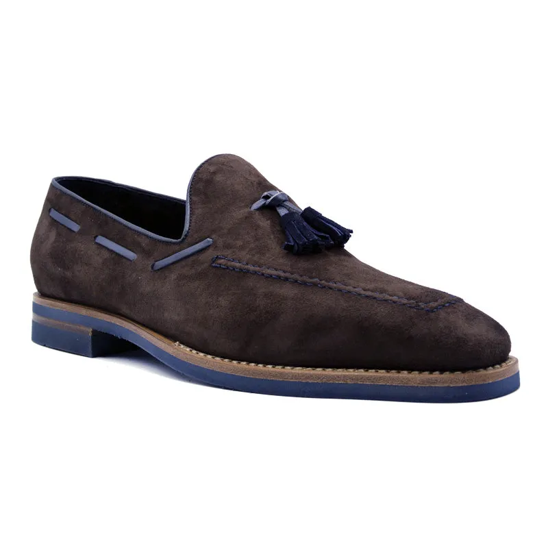 16-625-BRN CRAWFORD Sueded Goatskin & Crocodile Tassel Loafer, Brown