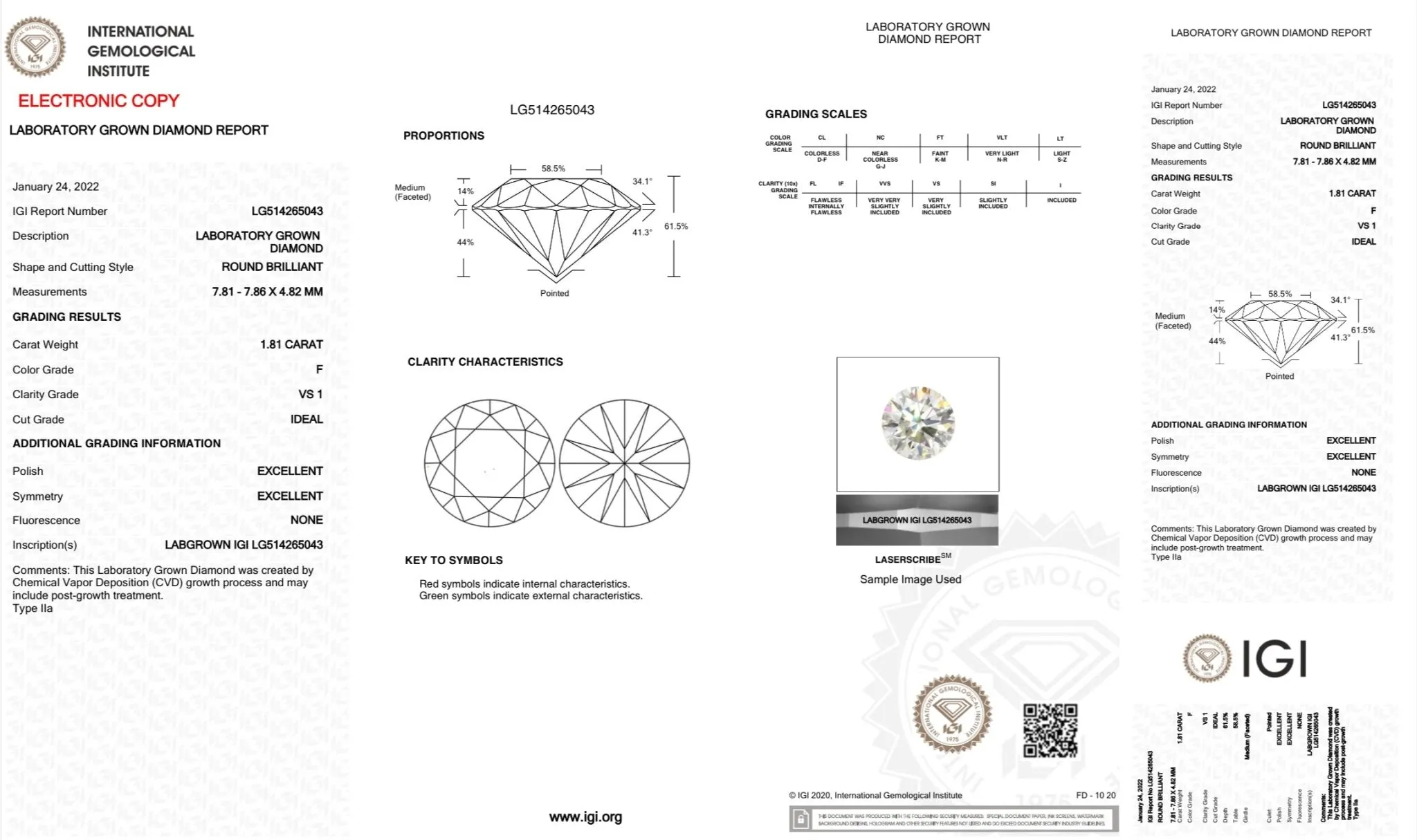 1.81ct F/VS1 Lab Created Round Diamond IGI#LG514265043