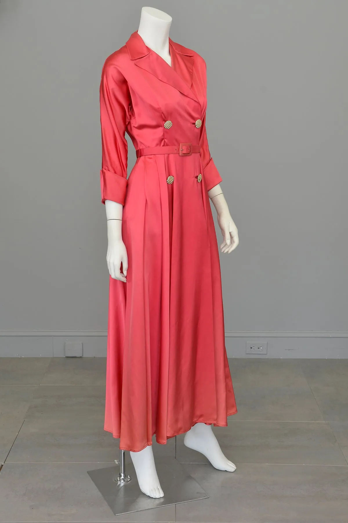 1940s Raspberry Pink Satin Wrap Front Dress House Coat