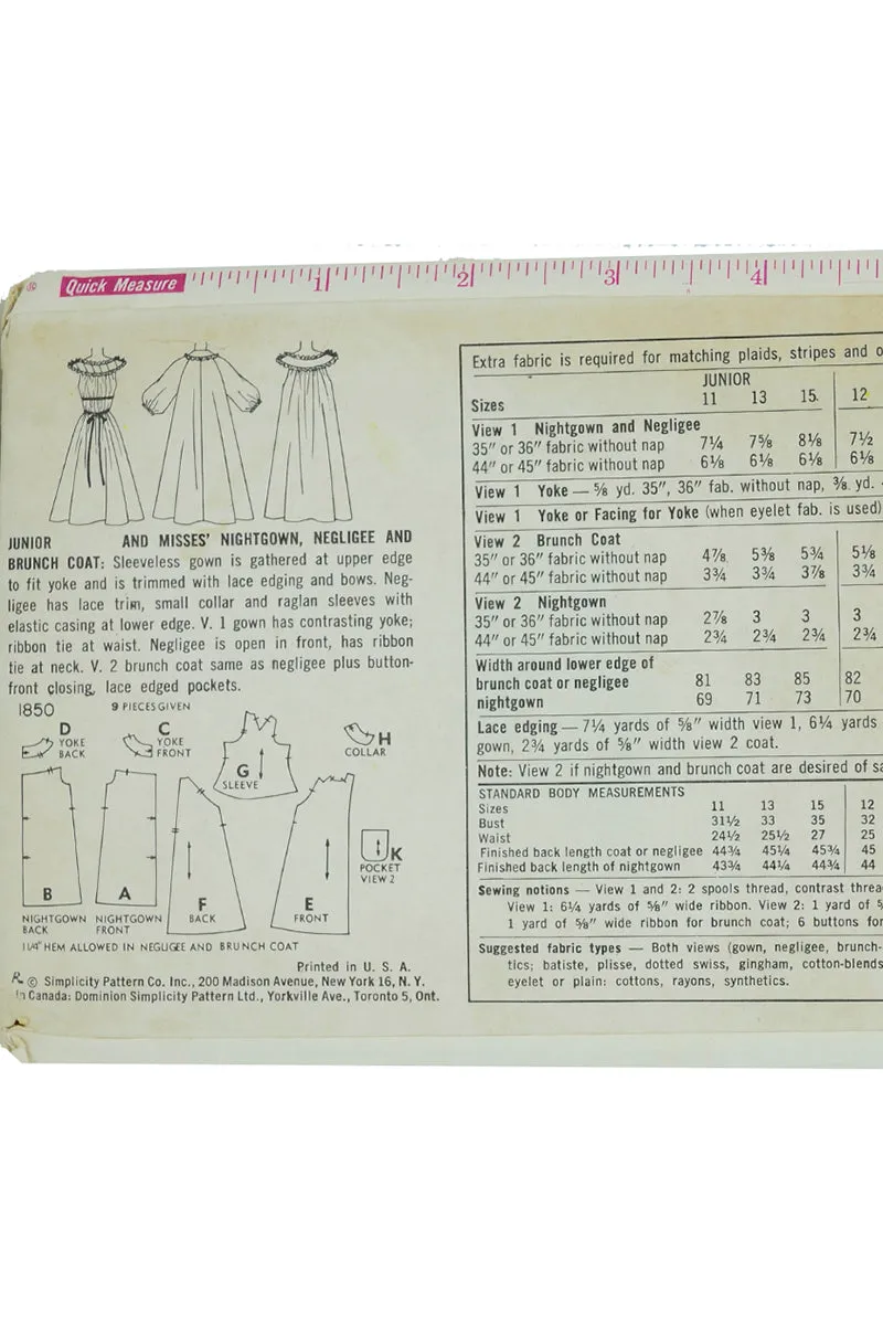 1956 Simplicity 1850 Negligee Pattern w Nightgown Robe & Hostess Coat