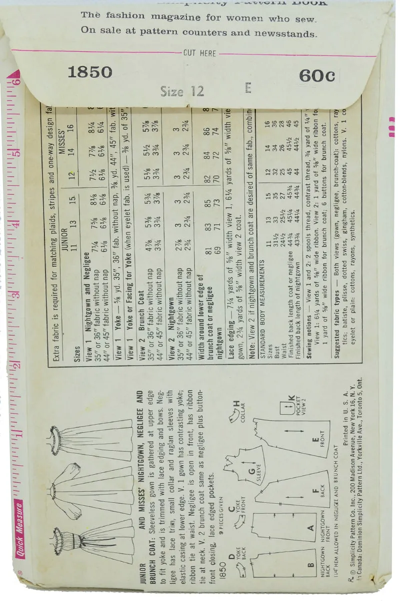 1956 Simplicity 1850 Negligee Pattern w Nightgown Robe & Hostess Coat