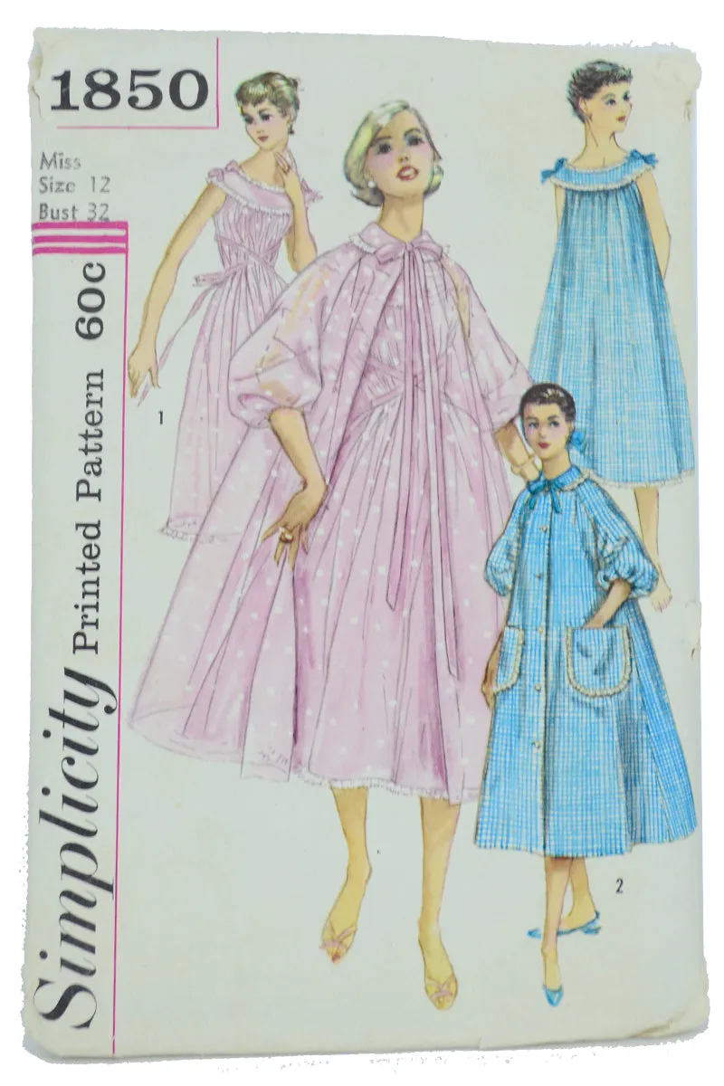 1956 Simplicity 1850 Negligee Pattern w Nightgown Robe & Hostess Coat