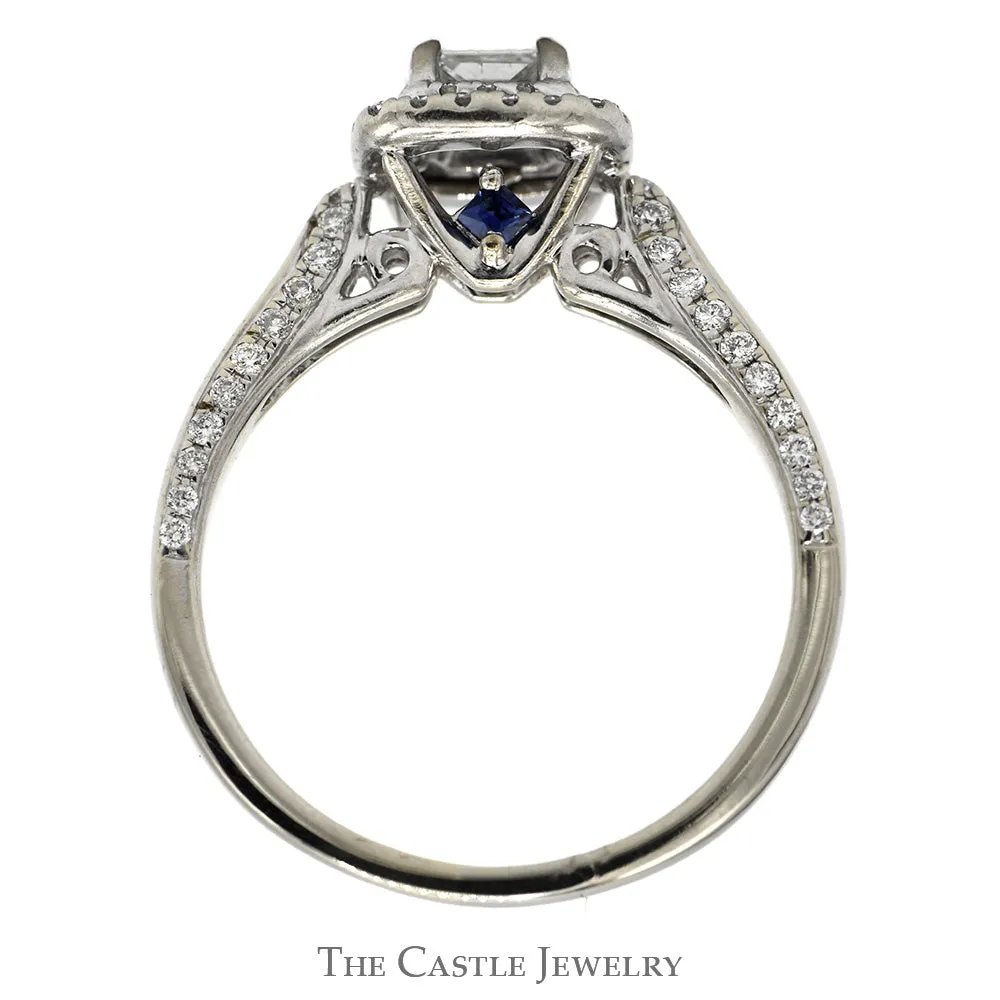 3/4cttw Princess Cut Diamond Engagement Ring with Double Diamond Halo and Accented Sides in 14k White Gold