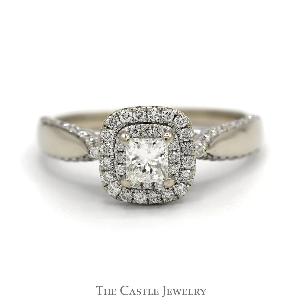 3/4cttw Princess Cut Diamond Engagement Ring with Double Diamond Halo and Accented Sides in 14k White Gold