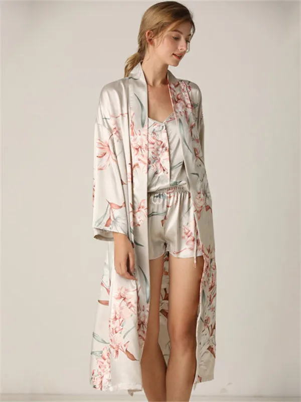 3pcs Floral Print Belted Sleepwear Robe Set