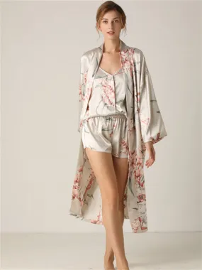 3pcs Floral Print Belted Sleepwear Robe Set