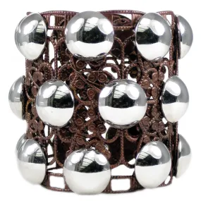 #880b Copper Tone Filigree & Silver Button Cuff Bracelet