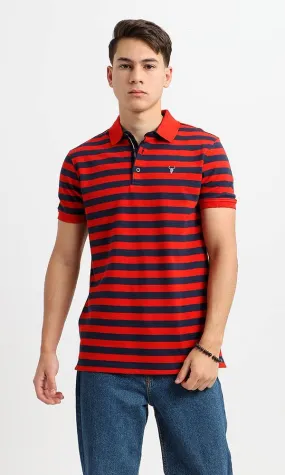 94986 Short Sleeves Striped Casual Polo Shirt - Navy Blue & Red