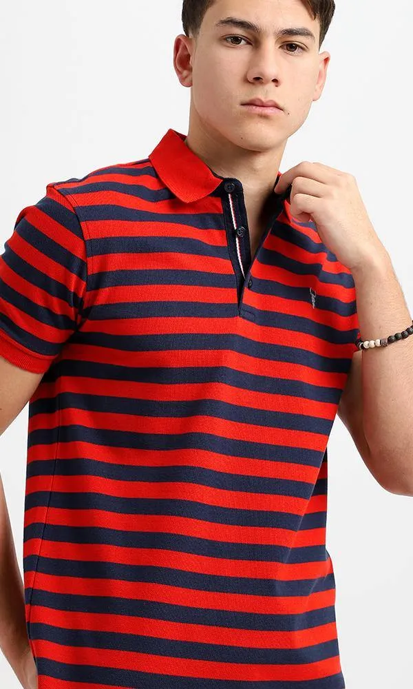 94986 Short Sleeves Striped Casual Polo Shirt - Navy Blue & Red