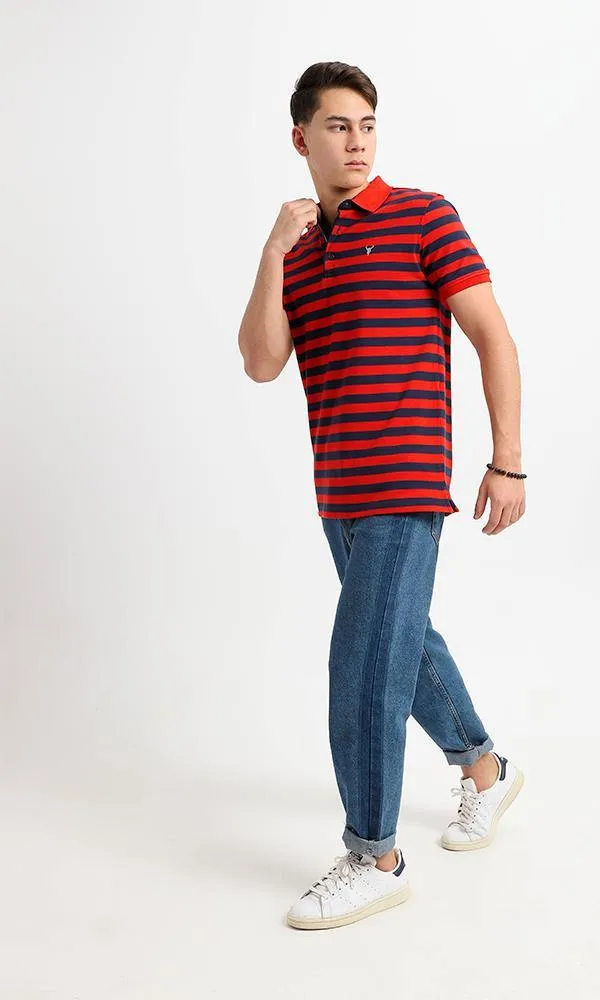 94986 Short Sleeves Striped Casual Polo Shirt - Navy Blue & Red