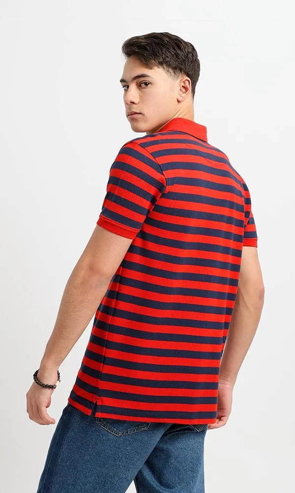 94986 Short Sleeves Striped Casual Polo Shirt - Navy Blue & Red