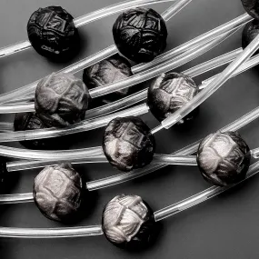 AAA Hand Carved 3D Natural Silver Obsidian Lotus Flower Gemstone Round Beads 12mm