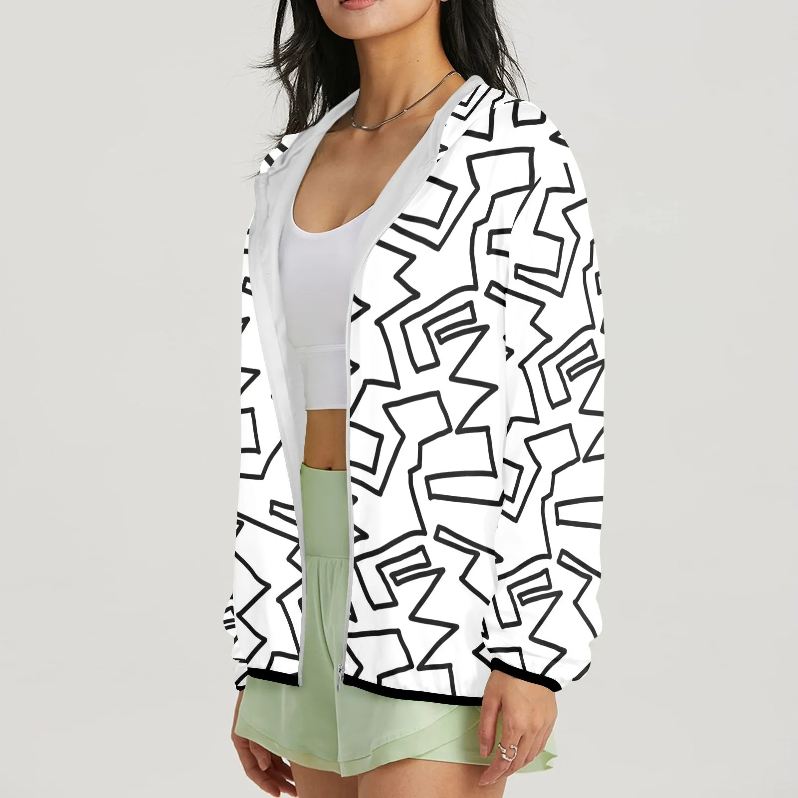 abstract black and white print 2A Women's Lightweight Sun Protection Hoodie (Model H62)