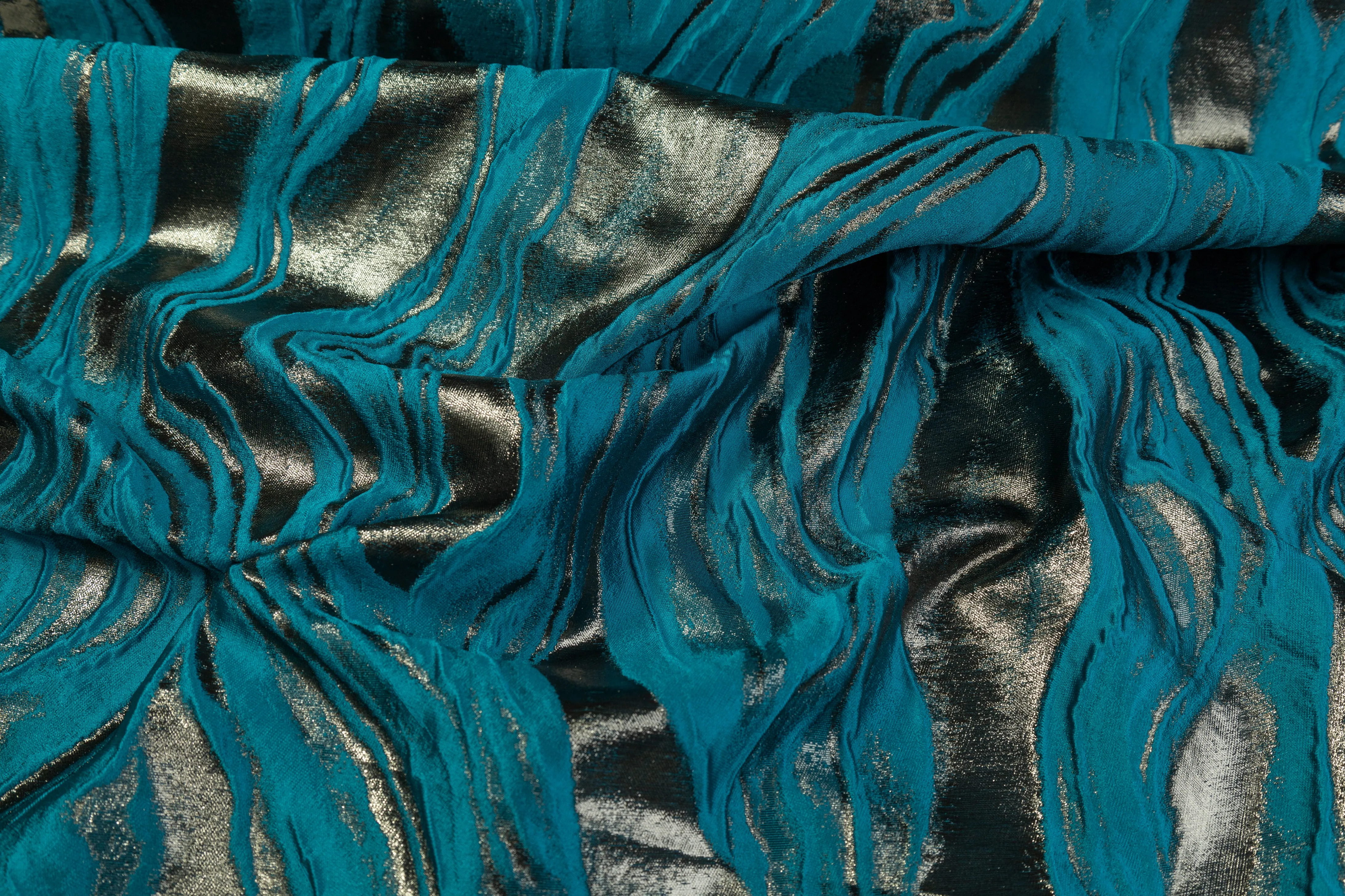 Abstract Metallic Italian Cloqué Brocade - Teal Blue