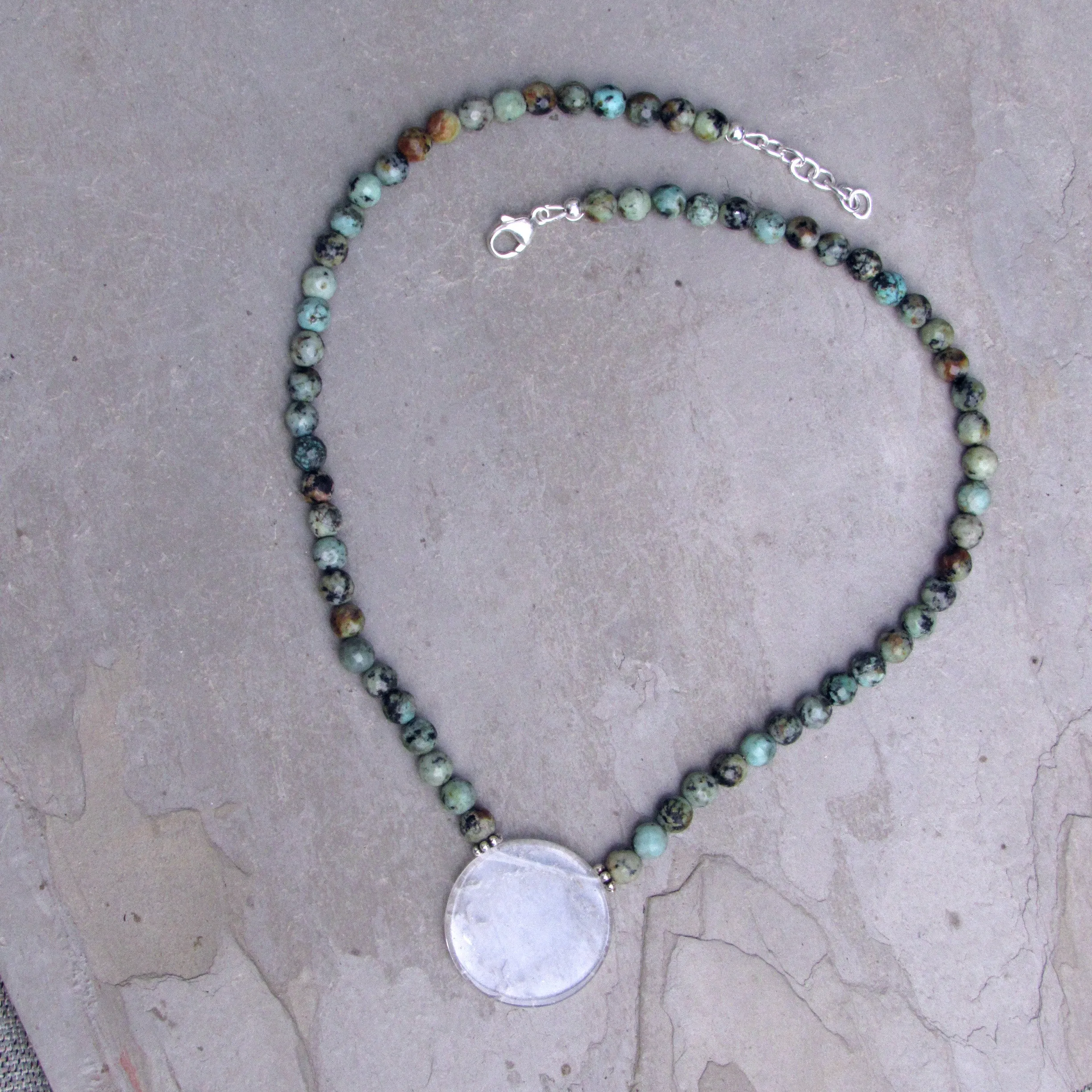 African Turquoise Gemstones with Clear Quartz Disk Pendant and Sterling Silver