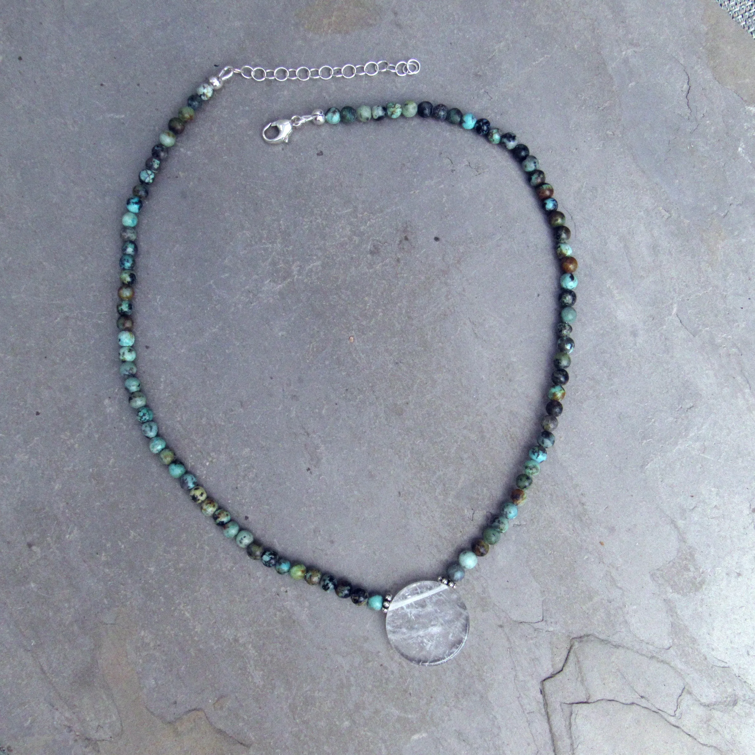 African Turquoise Gemstones with Clear Quartz Disk Pendant and Sterling Silver