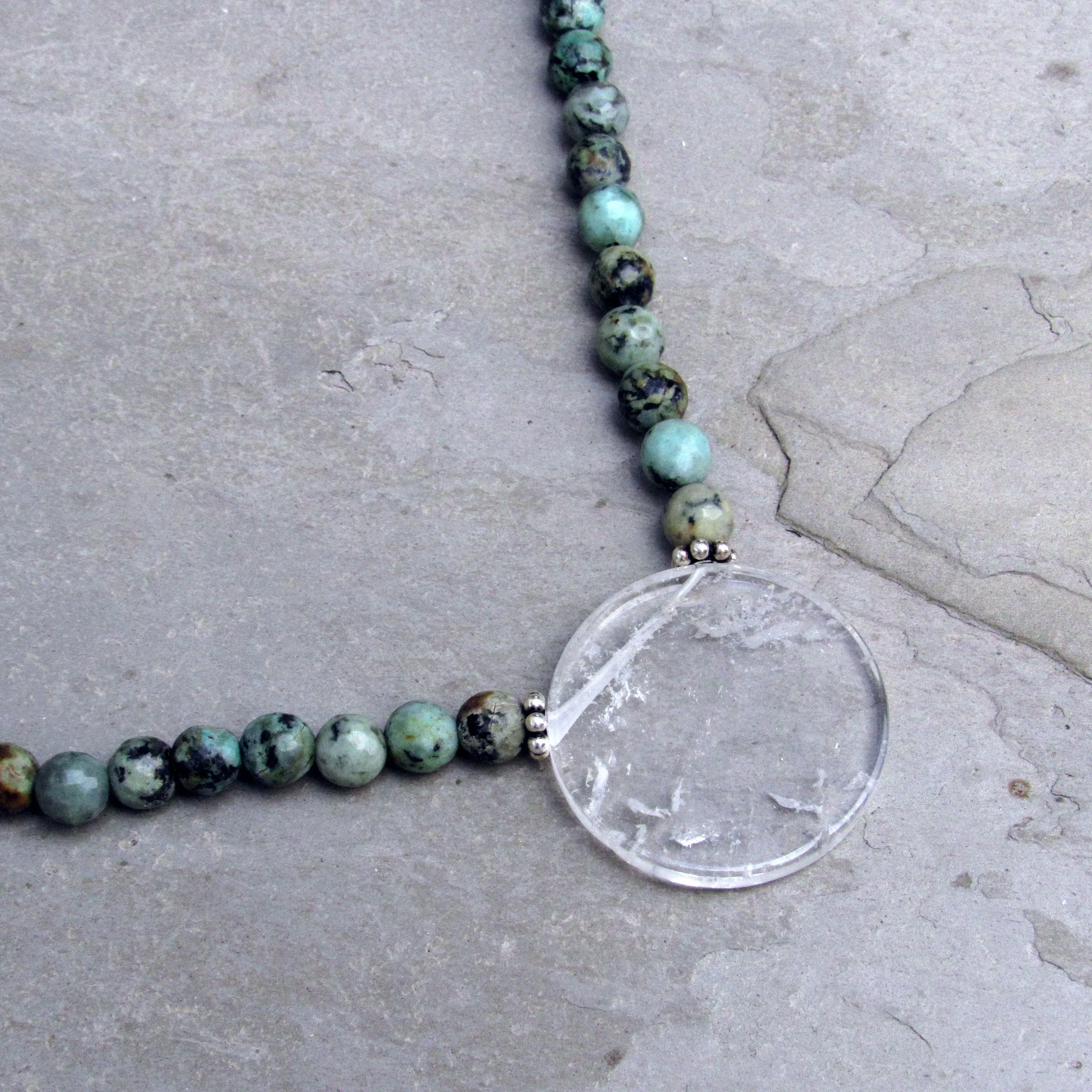 African Turquoise Gemstones with Clear Quartz Disk Pendant and Sterling Silver