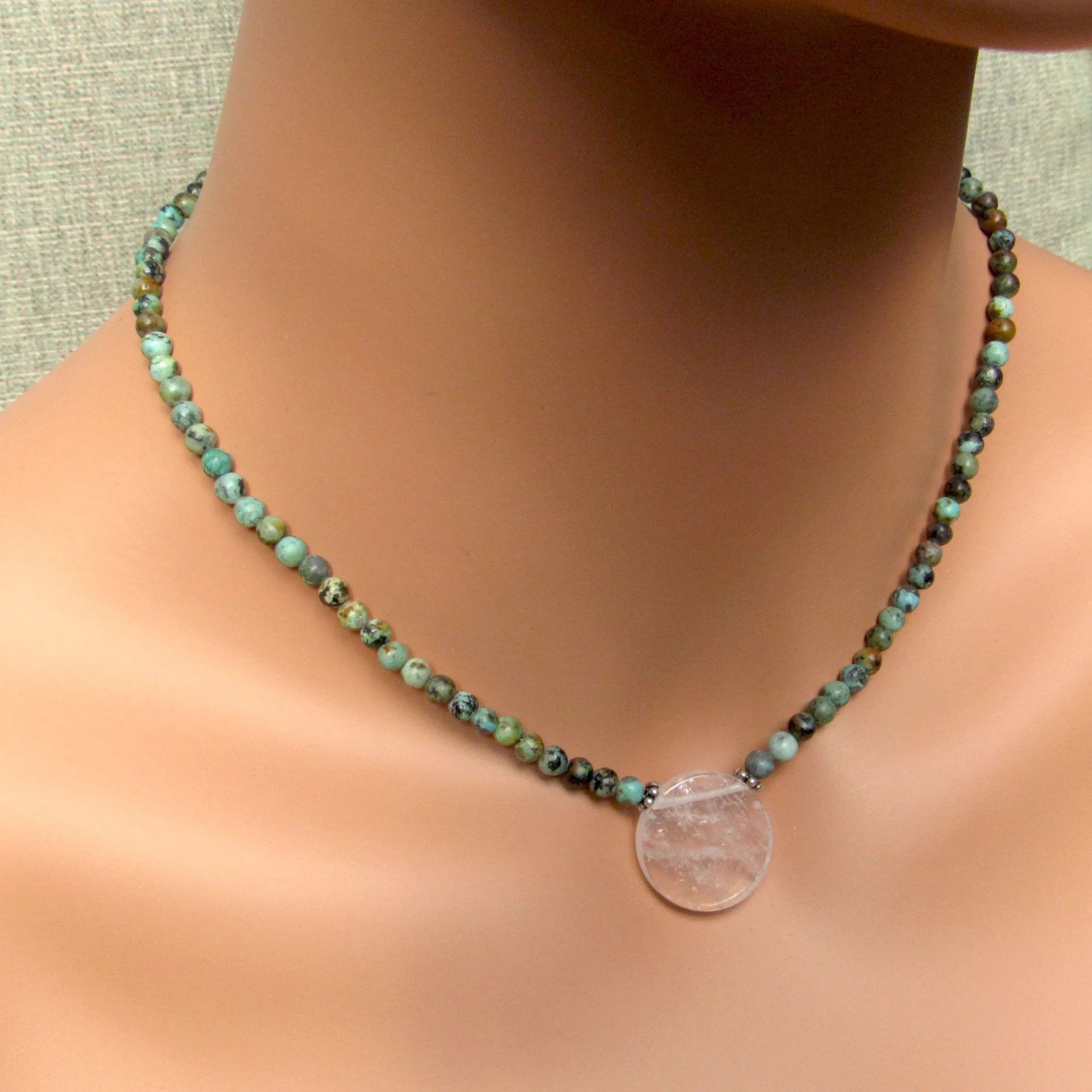 African Turquoise Gemstones with Clear Quartz Disk Pendant and Sterling Silver