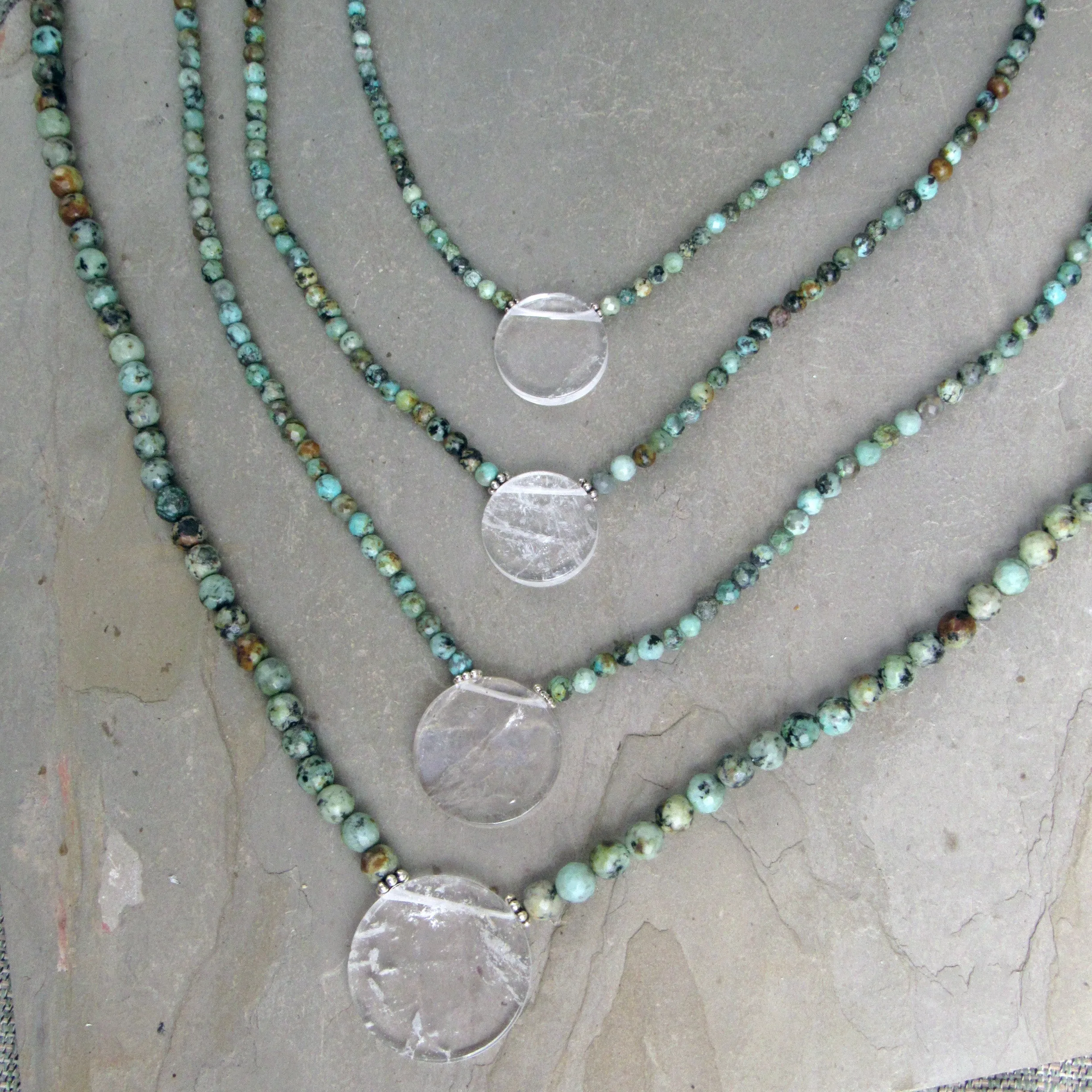 African Turquoise Gemstones with Clear Quartz Disk Pendant and Sterling Silver