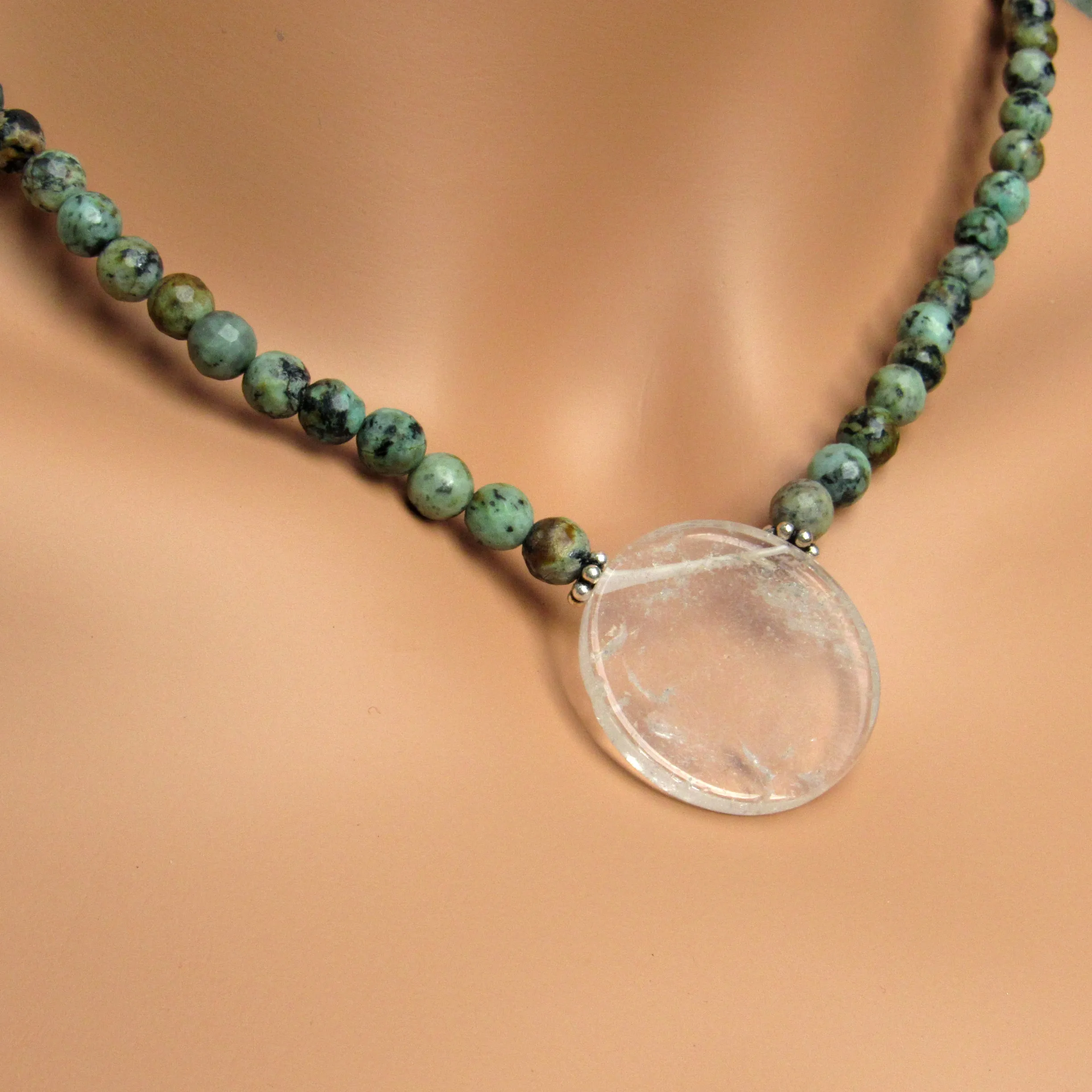 African Turquoise Gemstones with Clear Quartz Disk Pendant and Sterling Silver