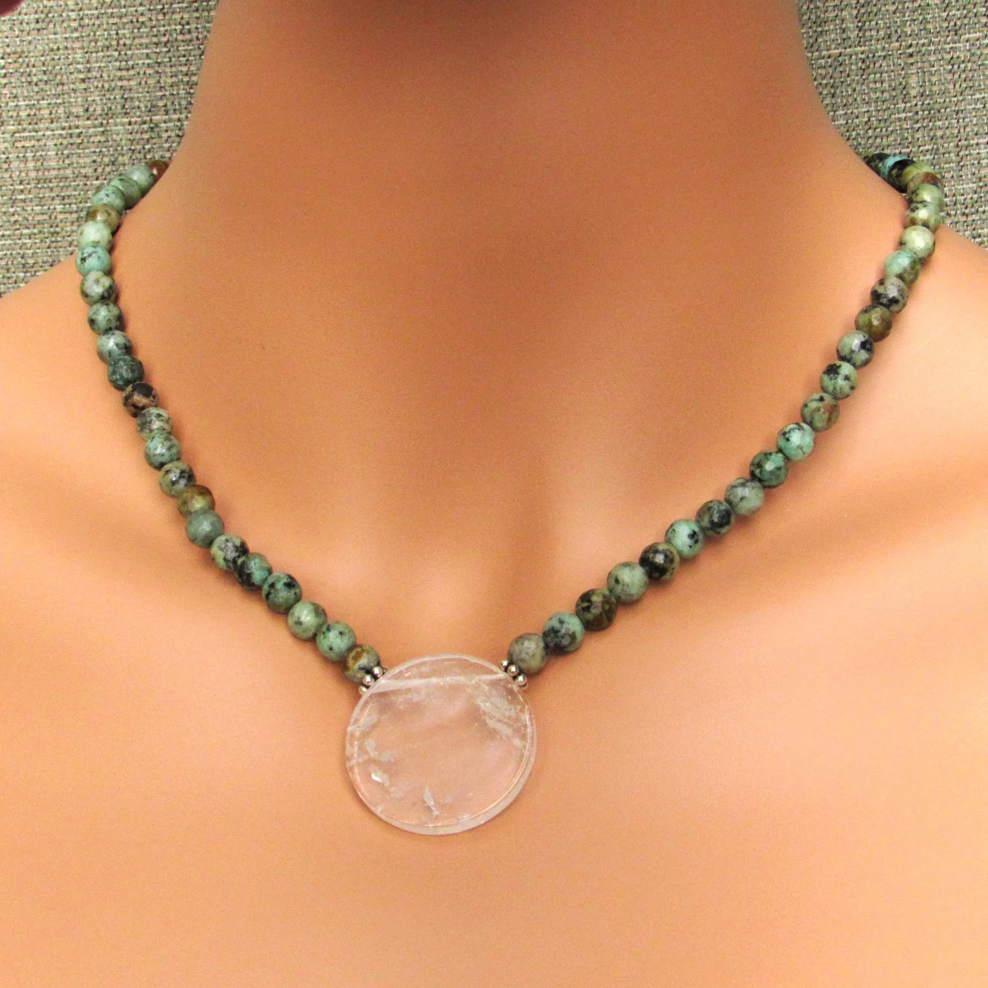 African Turquoise Gemstones with Clear Quartz Disk Pendant and Sterling Silver