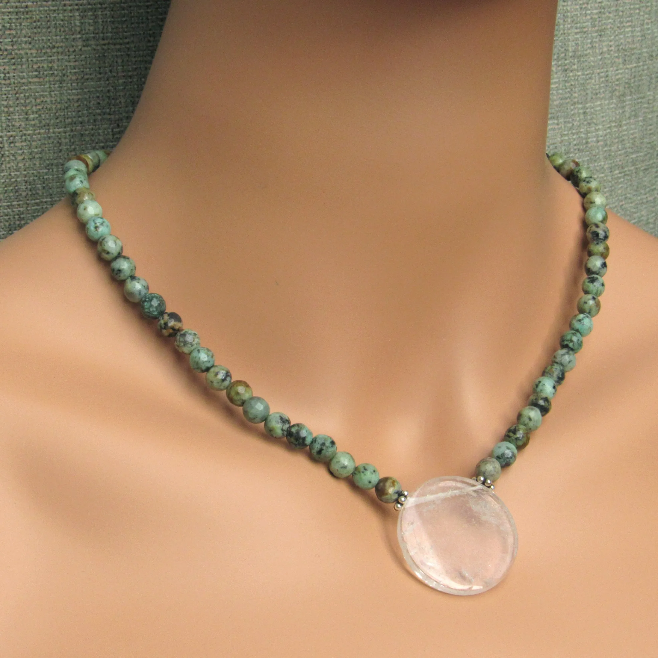 African Turquoise Gemstones with Clear Quartz Disk Pendant and Sterling Silver