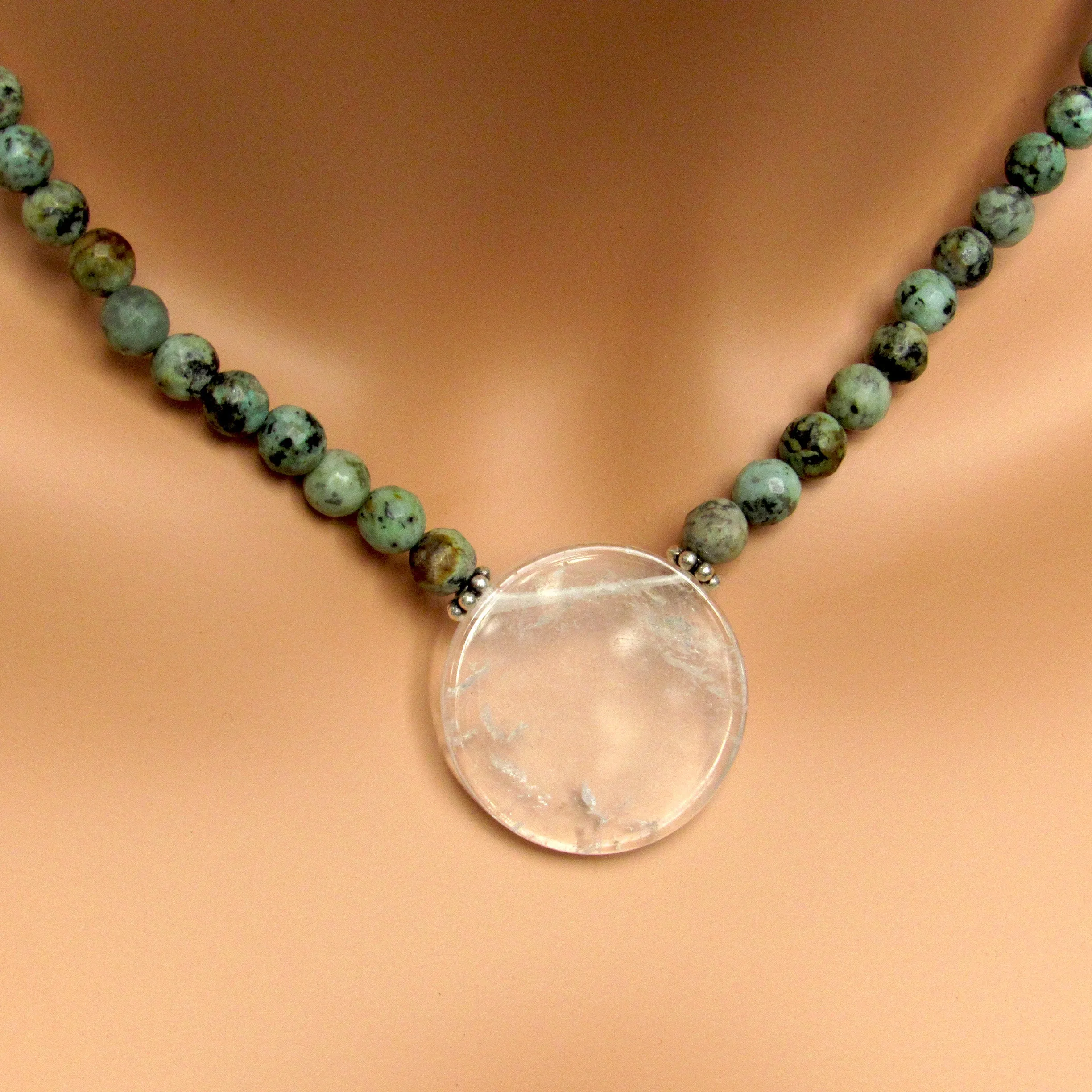 African Turquoise Gemstones with Clear Quartz Disk Pendant and Sterling Silver