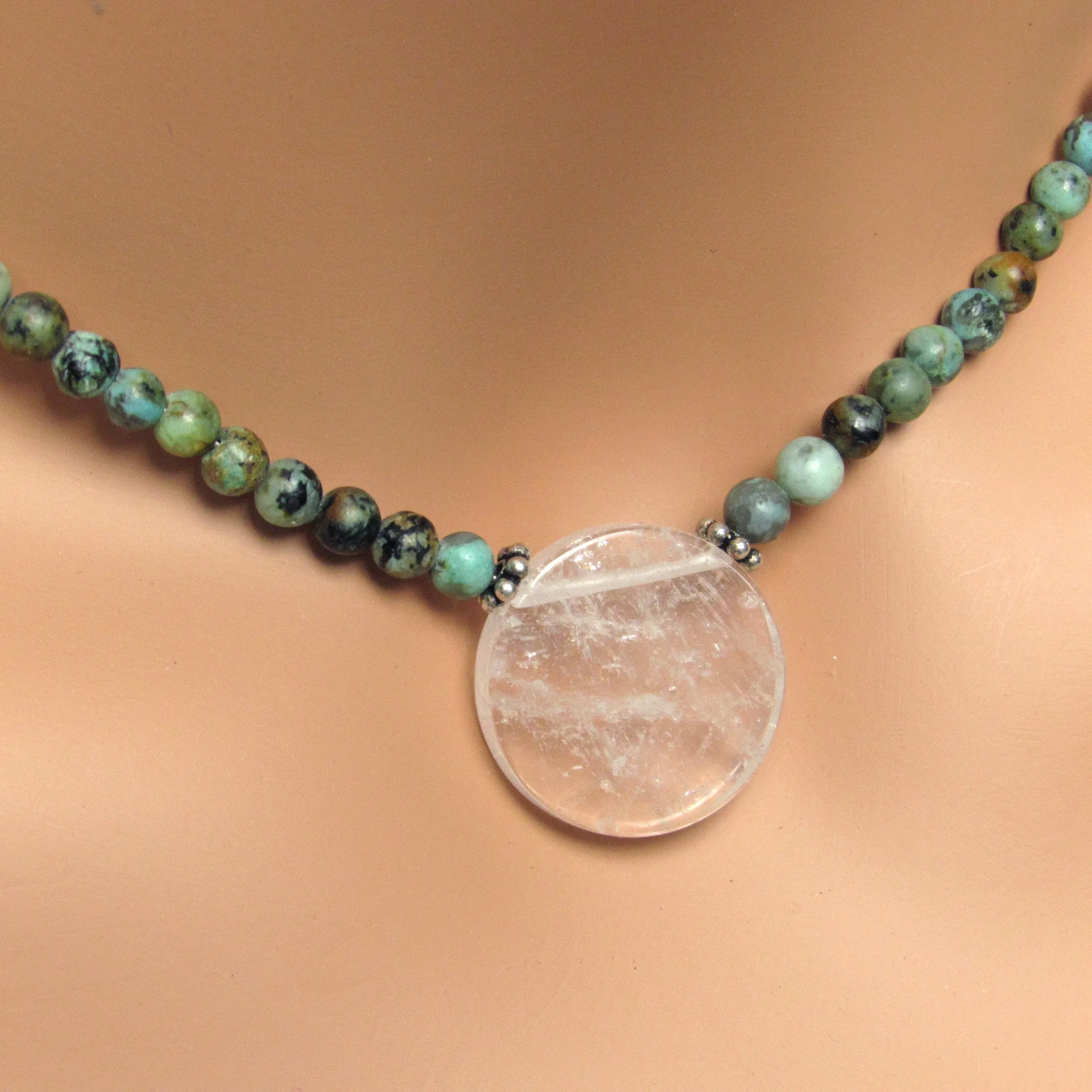 African Turquoise Gemstones with Clear Quartz Disk Pendant and Sterling Silver