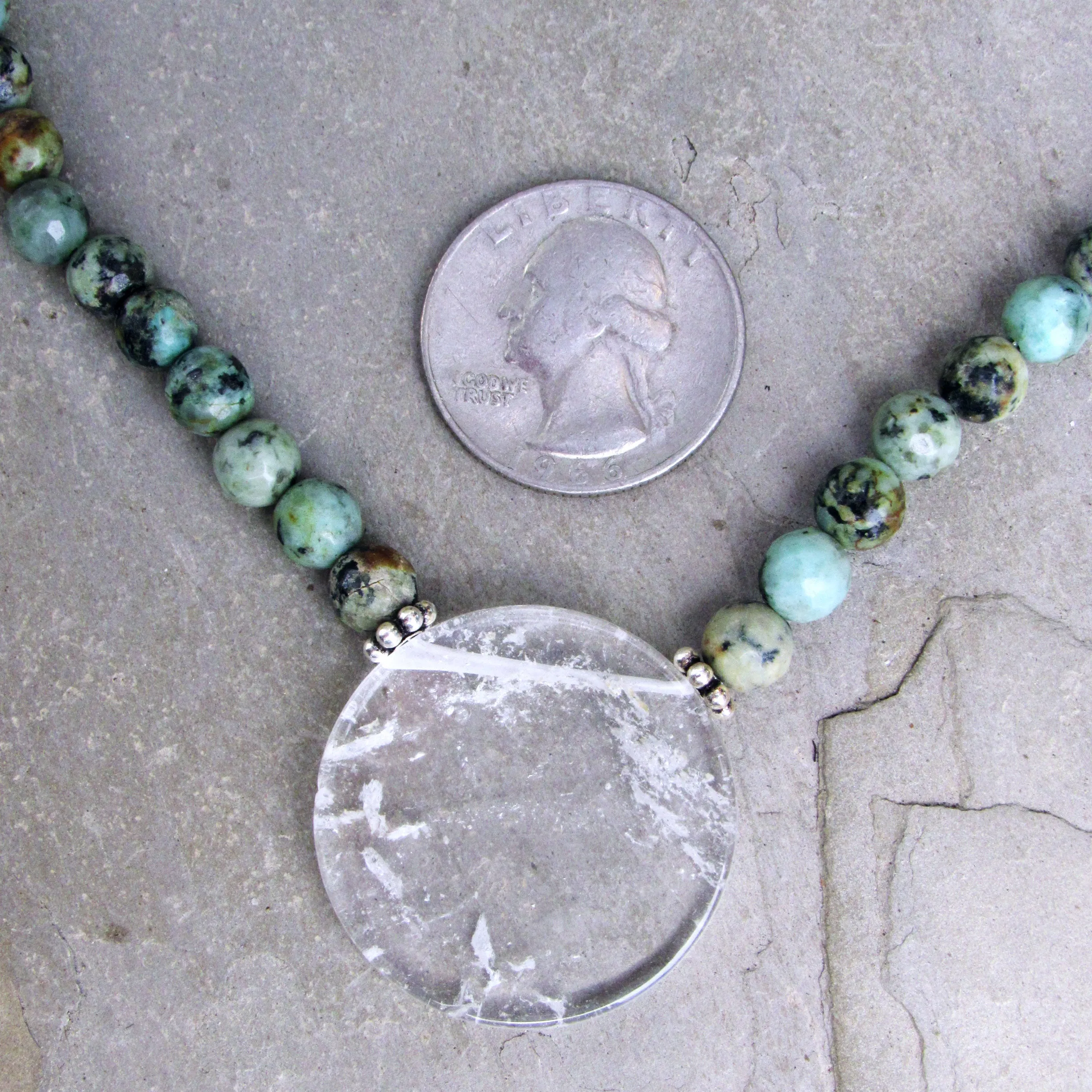 African Turquoise Gemstones with Clear Quartz Disk Pendant and Sterling Silver