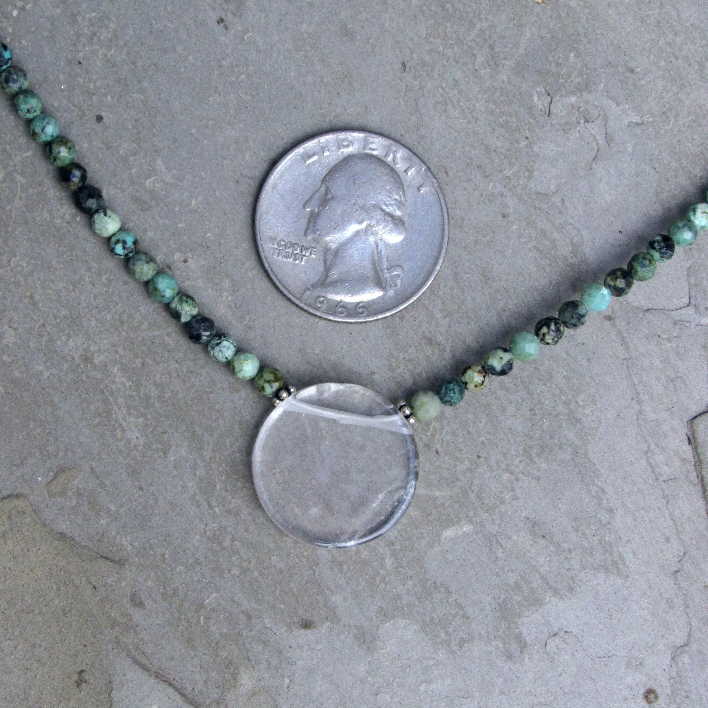 African Turquoise Gemstones with Clear Quartz Disk Pendant and Sterling Silver