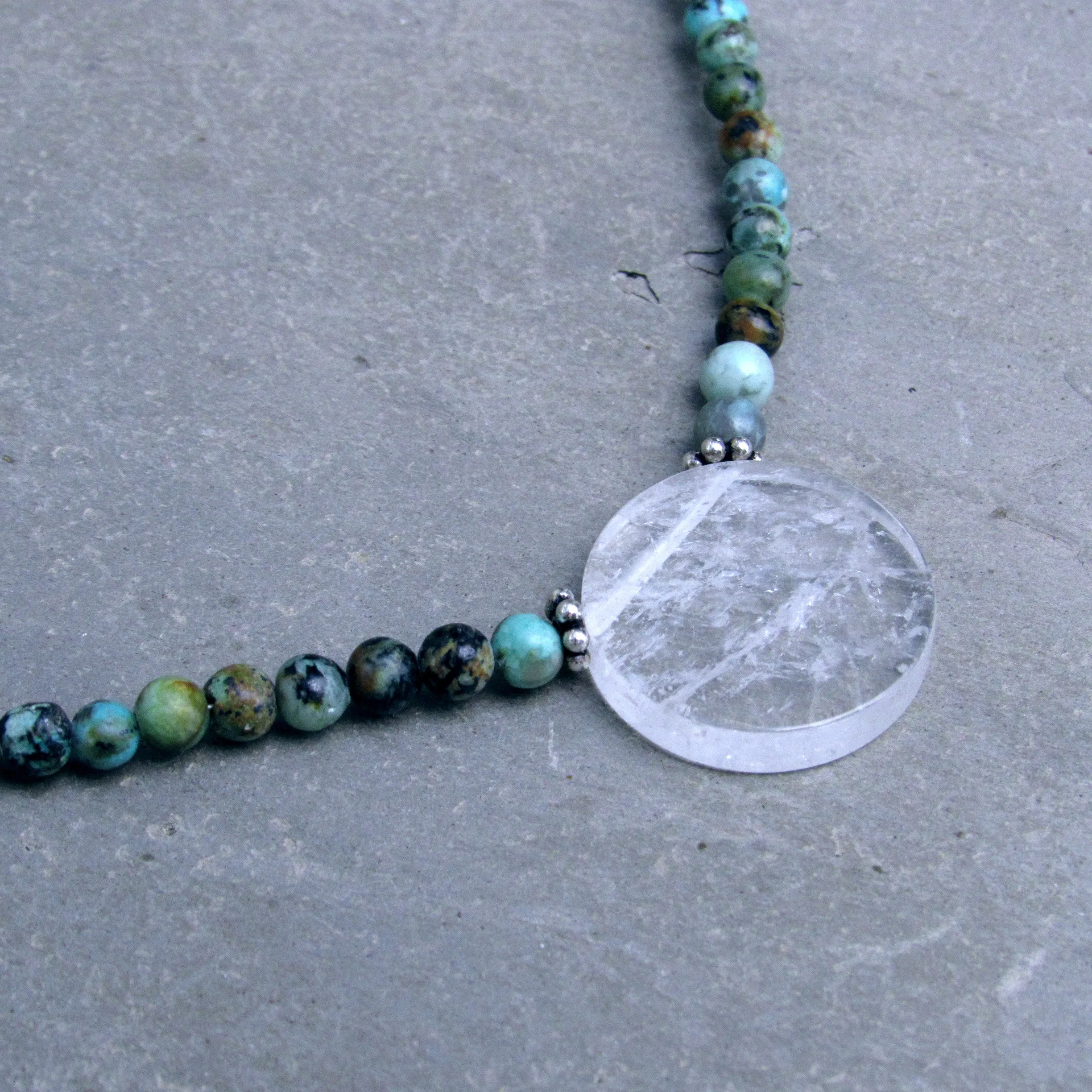 African Turquoise Gemstones with Clear Quartz Disk Pendant and Sterling Silver