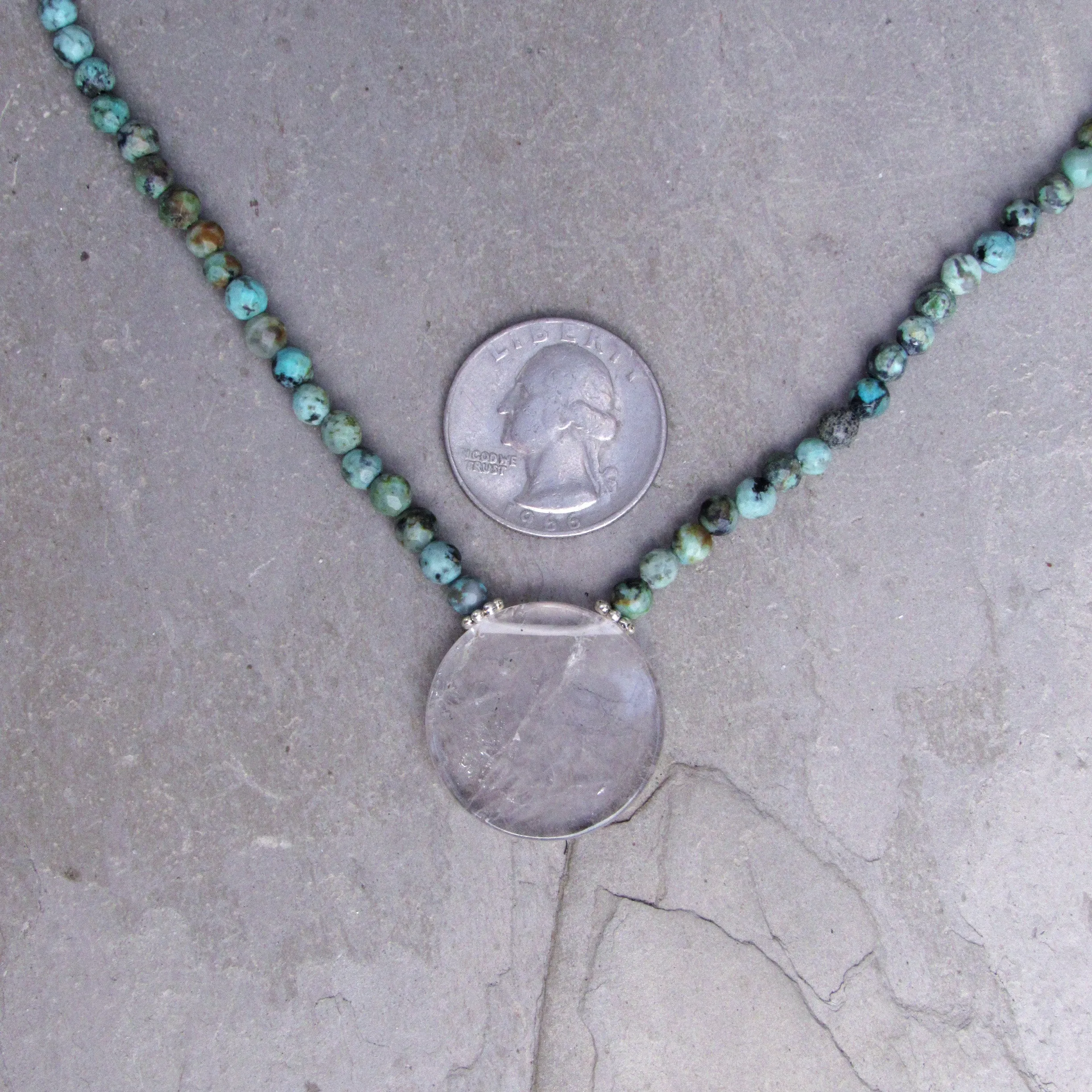 African Turquoise Gemstones with Clear Quartz Disk Pendant and Sterling Silver