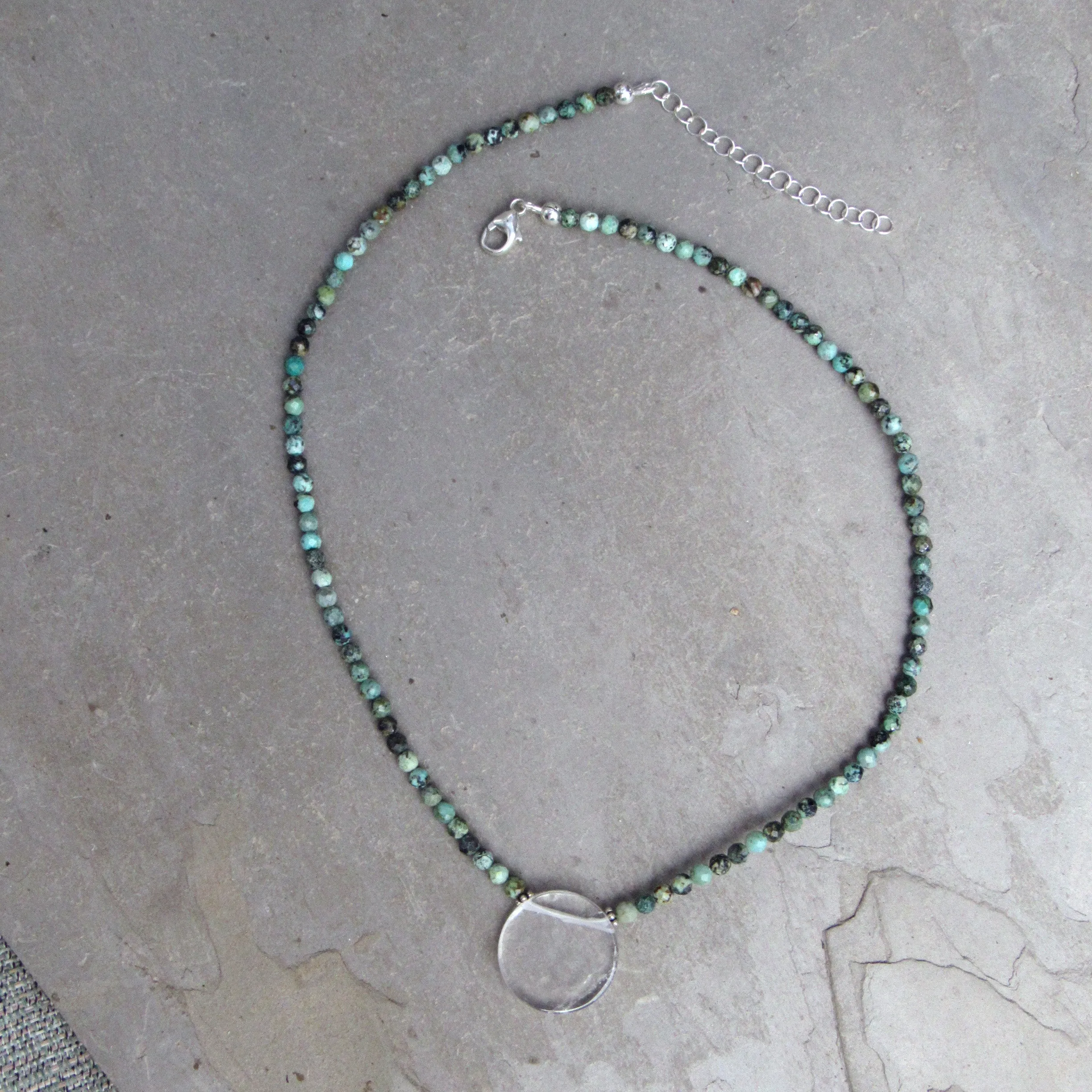 African Turquoise Gemstones with Clear Quartz Disk Pendant and Sterling Silver