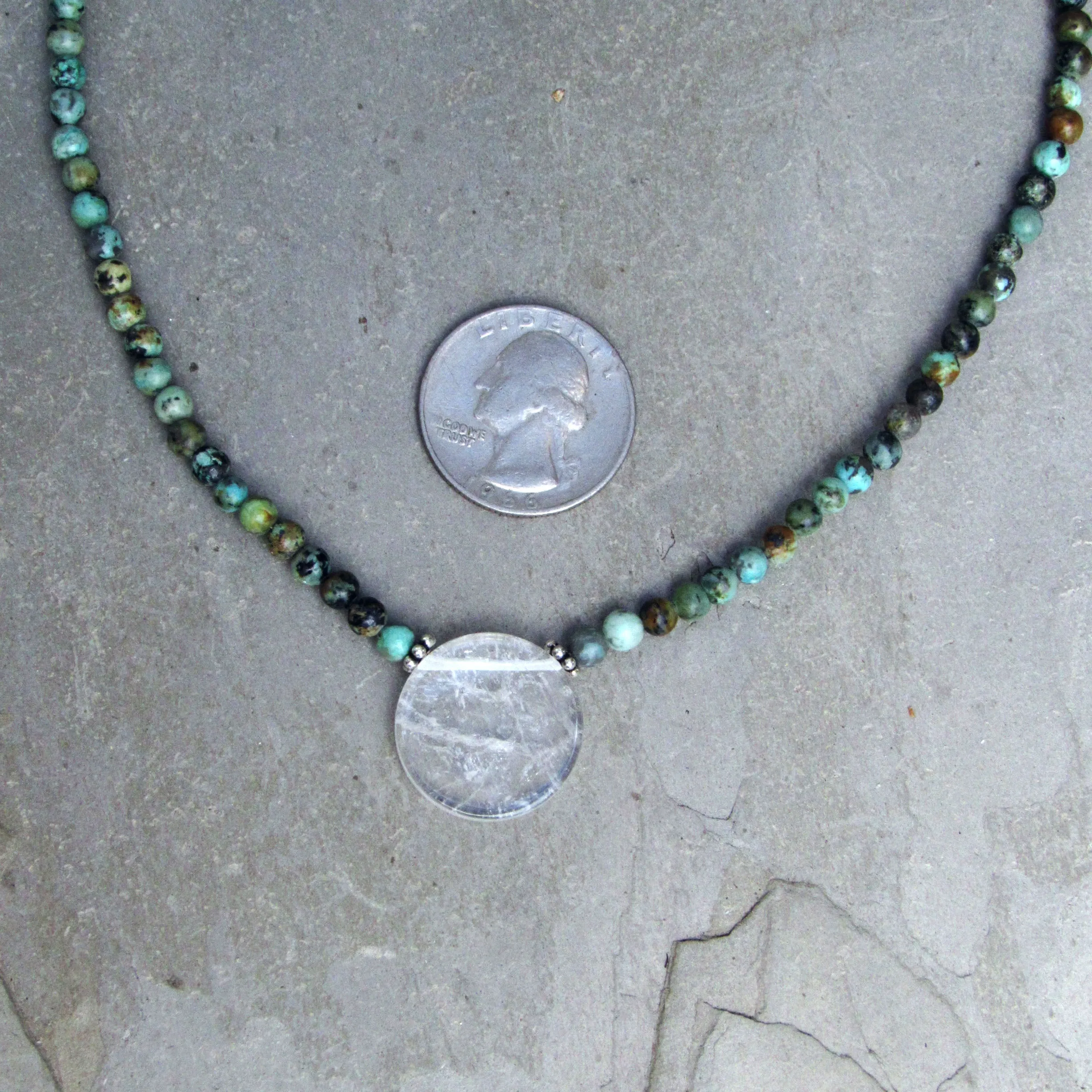 African Turquoise Gemstones with Clear Quartz Disk Pendant and Sterling Silver