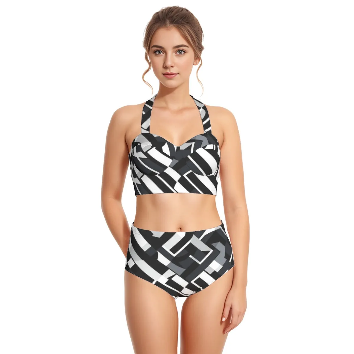 All-Over Print Women's Swimsuit Set With Halter