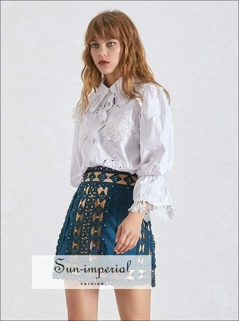 American Honey Skirt in Blue- Elegant Lace Skirt High Patchwork Mini Skirt