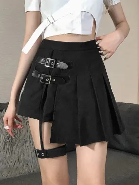 Asymmetrical Punk Style Black Pleated Skirt Buckle Summer High Waist Skirt Women Gothic Clothes Mini Skirts Party Hot