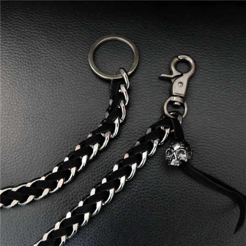 Badass Men's Braided Leather Skull Key Chain Pants Chain Biker Wallet Chain For Men