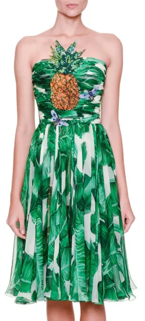 'Banana Leaf' Print Pineapple Embellished Strapless Dress