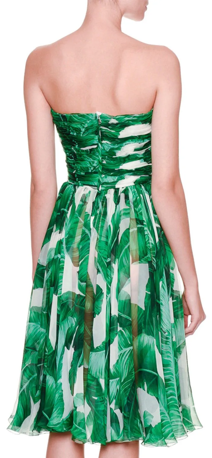 'Banana Leaf' Print Pineapple Embellished Strapless Dress