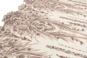 Beaded and Embroidered Tulle - Light Beige / Lilac