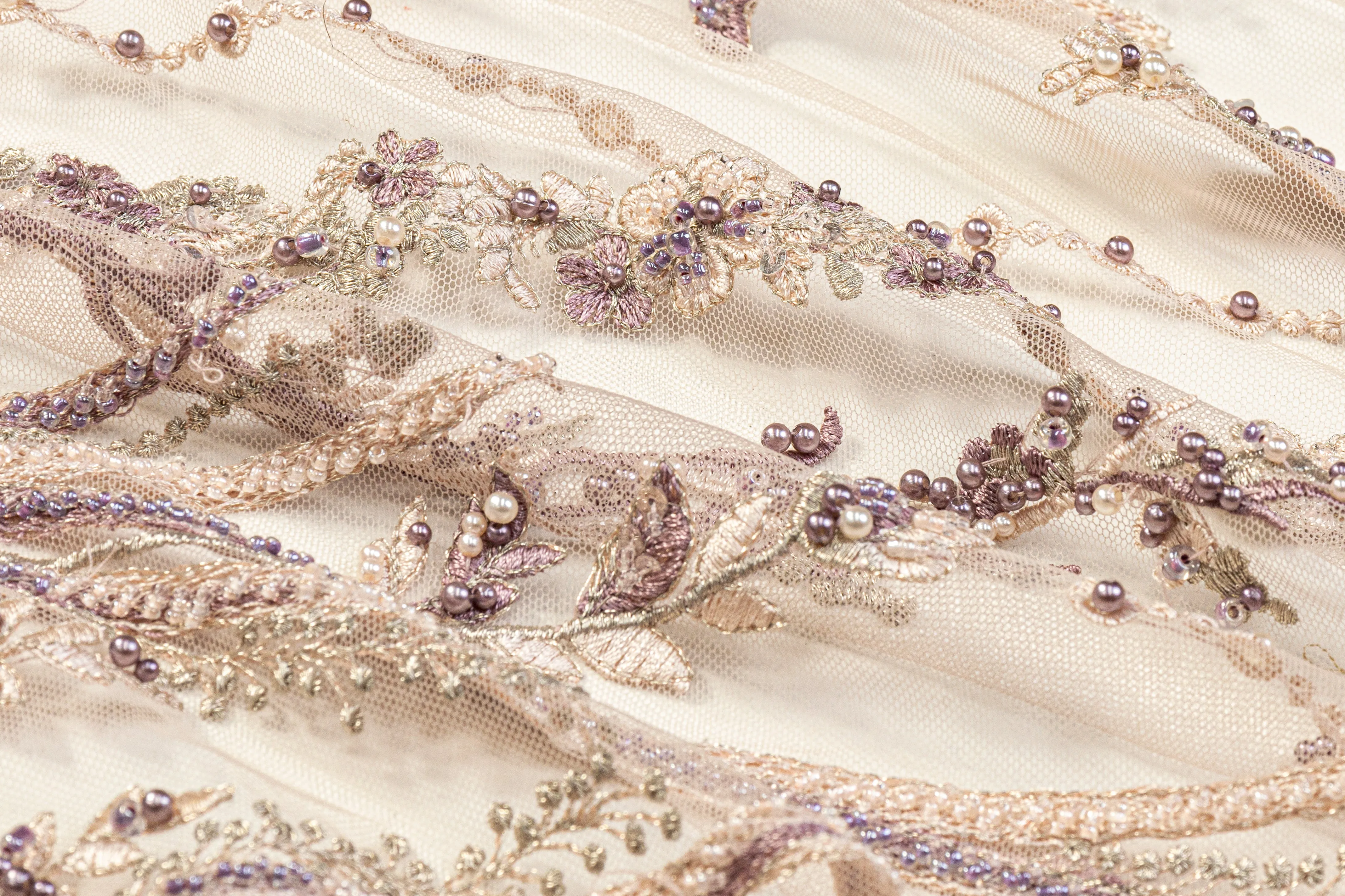 Beaded and Embroidered Tulle - Light Beige / Lilac