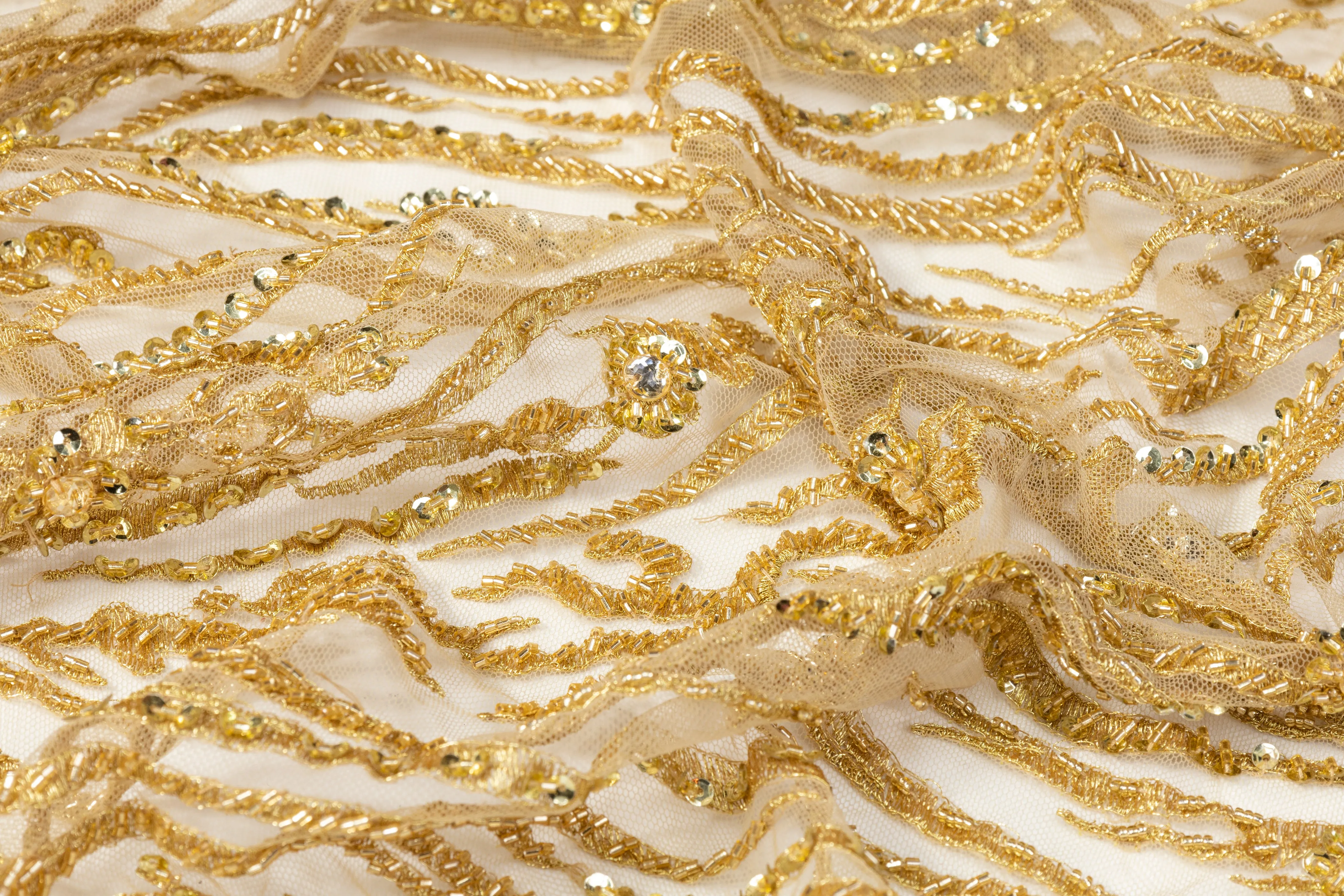 Beaded and Metallic Embroidered Tulle - Gold