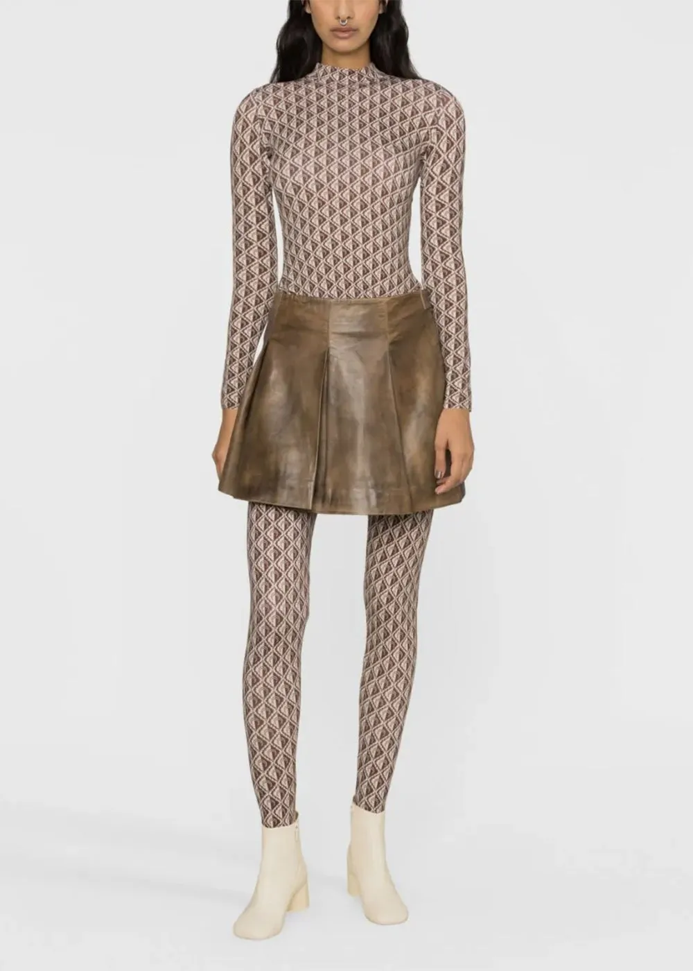 Beige Moonogram Mesh Long Sleeve Top