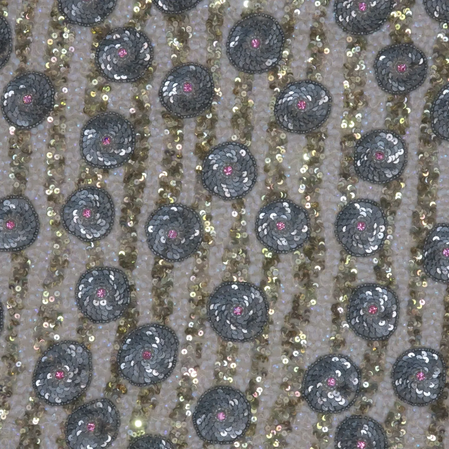 Beige Tulle with Bronze stripe Sequin and Grey 3D Floral Design with Pink Rhinestones Embroidered Fabric