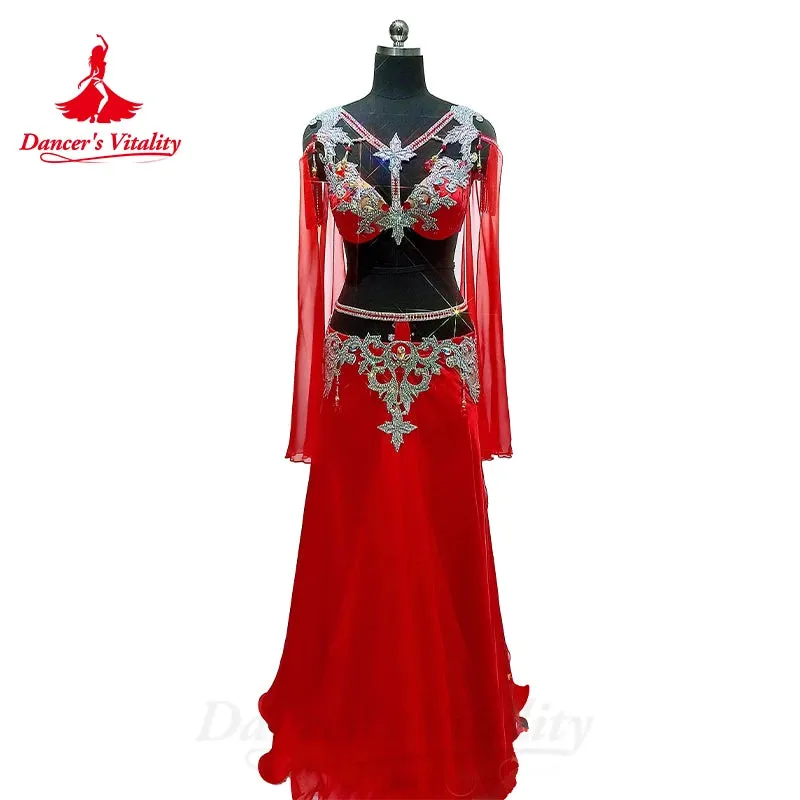 Belly Dance Performance Suit for Women Senior Stones Bra customized Chiffon Long Skirt 2pcs Oriental Dance High End Dance Skirt