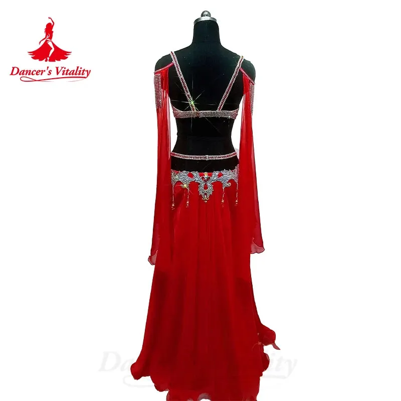 Belly Dance Performance Suit for Women Senior Stones Bra customized Chiffon Long Skirt 2pcs Oriental Dance High End Dance Skirt