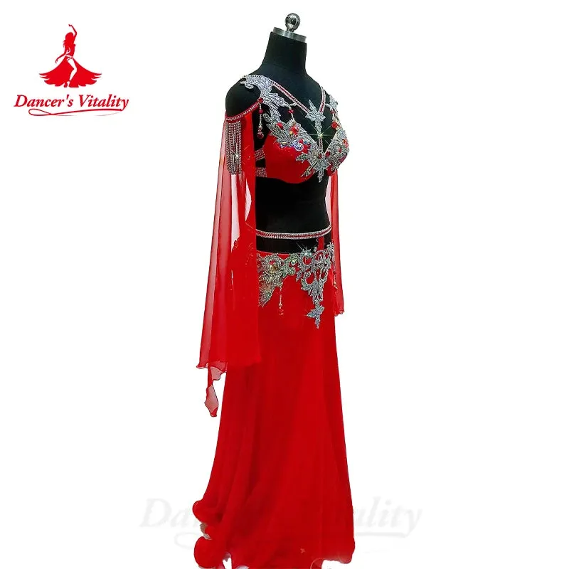 Belly Dance Performance Suit for Women Senior Stones Bra customized Chiffon Long Skirt 2pcs Oriental Dance High End Dance Skirt